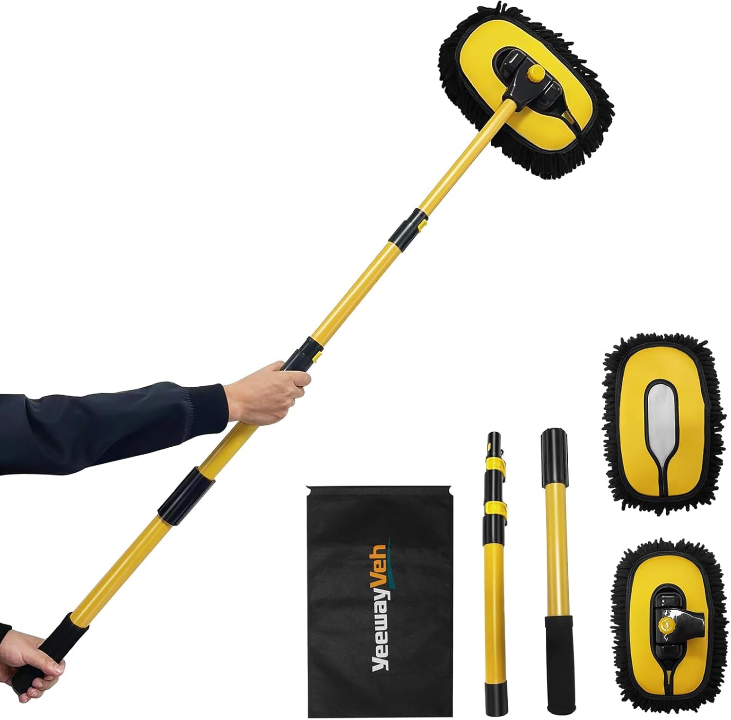 55" Car Wash Brush with Long Handle, 15° Curved Extendable Car Cleaning Brush with Replaceable Microfiber Mop Head, Portable Washing Brush Kit with Storage Bag for RV Truck Camper Cleaning