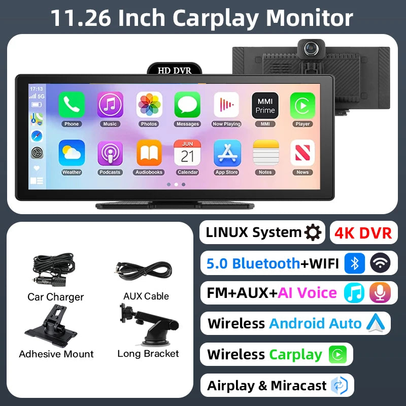 10/11.26 Inch 4K DVR Wireless Carplay & Android Auto Dash Cam Bluetooth Audio GPS Navigation Dashboard Dual Lens Video Recorder