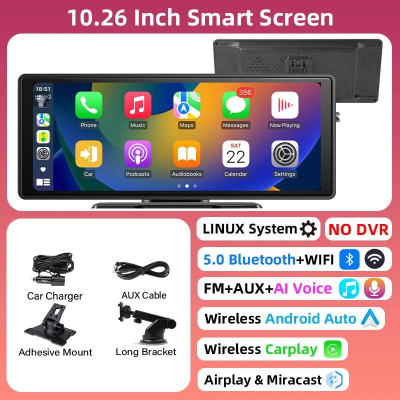 10/11.26 Inch 4K DVR Wireless Carplay & Android Auto Dash Cam Bluetooth Audio GPS Navigation Dashboard Dual Lens Video Recorder