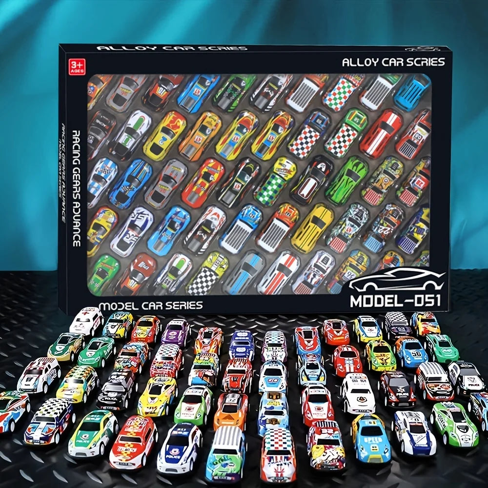 50PCS 3 Inch Cars Toys Set, Friction Power Alloy Casting Cars Mini Race Car with Play Mat ,Alloy Metal Cars Toys for Toddler 3 4