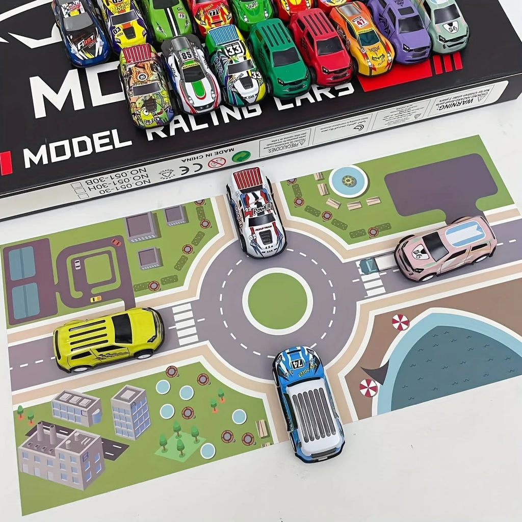 50PCS 3 Inch Cars Toys Set, Friction Power Alloy Casting Cars Mini Race Car with Play Mat ,Alloy Metal Cars Toys for Toddler 3 4